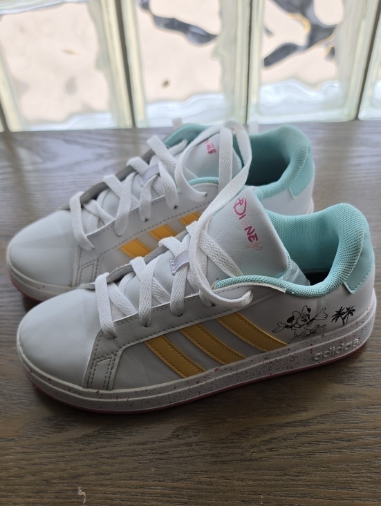 adidas Other - Kids Adidas Disney Logo White Sneakers with Yellow Stripes and Mint Lining